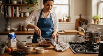 Una mujer con delantal azul bate chocolate en un tazón de vidrio sobre una encimera de madera, rodeada de ingredientes y ollas en la estufa.