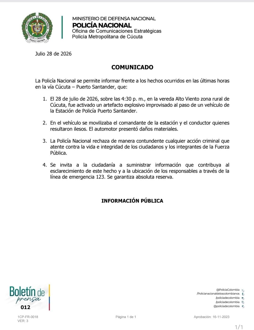 La fuerza pública desplegó un operativo en Puerto Santander para ubicar a los responsables del atentado y reforzar la seguridad en el corredor vial - crédito Policía Nacional