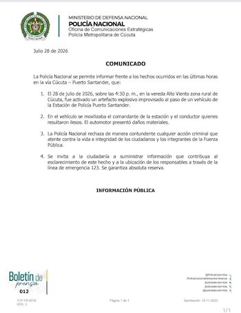 La fuerza pública desplegó un operativo en Puerto Santander para ubicar a los responsables del atentado y reforzar la seguridad en el corredor vial - crédito Policía Nacional