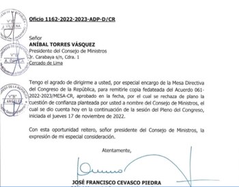 Congreso notifica a Aníbal Torres