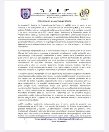 El comunicado de la asociación se difundió el viernes 3 de julio de 2026 - crédito Sindicato Unidad Nacional de Protección - ASEP