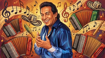 Ilustración de un hombre sonriente en camisa azul con las manos unidas, rodeado de acordeones, un sombrero vueltiao, una maraca y notas musicales sobre un fondo cálido.