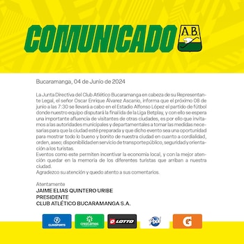 Atlético Bucaramanga permitirá el ingreso de hinchada visitante en el duelo de la gran final contra Independiente Santa Fe - crédito Atlético Bucaramanga
