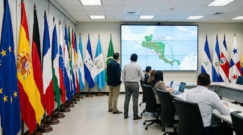Una sala de conferencias con banderas europeas y centroamericanas. Una pantalla grande muestra un mapa de Centroamérica con rutas comerciales. Varias personas observan el mapa.