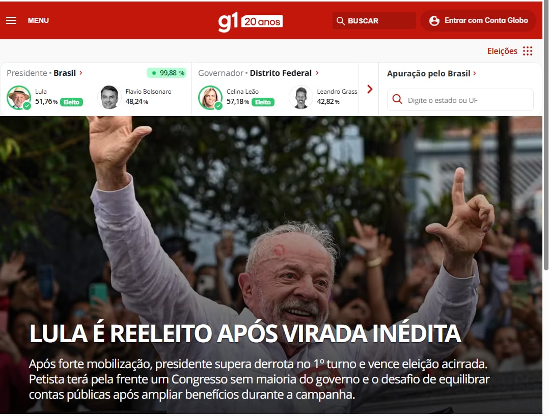 “Lula es reelegido tras un giro inédito” tituló G1