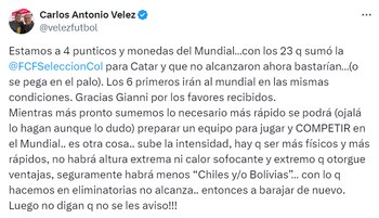 Carlos Antonio Vélez aseguró que la selección Colombia está cerca de clasificarse al Mundial del 2026 - crédito @velezfutbol/X