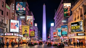 Vista nocturna de la Avenida Corrientes en Buenos Aires, con el Obelisco iluminado. Teatros con carteles de Hairspray, Billy Elliot y Rocky. Calles concurridas.
