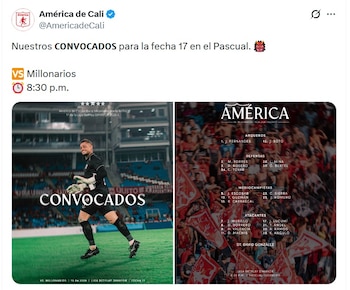 David González convocó 20 jugadores para el duelo entre América y Millonarios - crédito @AmericaDeCali/X