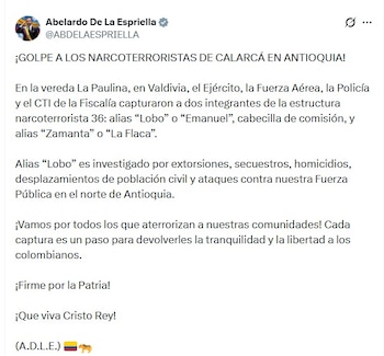 El presidente Abelardo De La Espriella atribuyó las detenciones a un golpe directo contra la estructura criminal - crédito @ABDELAESPRIELLA/X