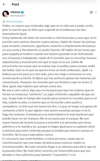 Captura de pantalla de un tuit de Oriana Sabatini en X, con su foto de perfil y un extenso mensaje en español sobre su experiencia en el embarazo