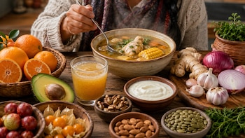 Persona comiendo sopa de pollo con choclo, rodeada de naranjas, aguacate, aguaymanto, frutos secos, jengibre, cebolla y ajo en una mesa de madera