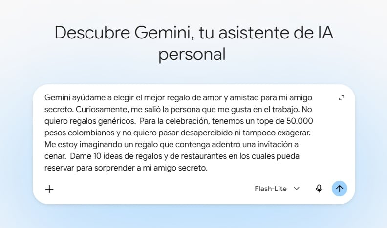 Google compartió un ejemplo de prompt que ilustra el uso de Gemini en el Día del Amor y la Amistad.
(Google)