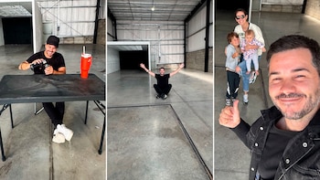 Un tríptico muestra a Nicolás Magaldi sonriendo: preparando mate, posando con brazos abiertos en un espacio vacío y en un selfie con su familia