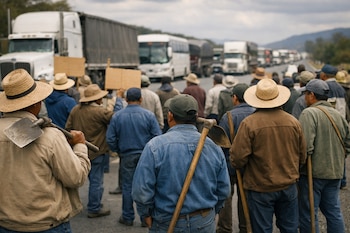 Vista trasera de un grupo de agricultores con sombreros y herramientas de labranza, bloqueando una carretera con camiones y autobuses detenidos al fondo.