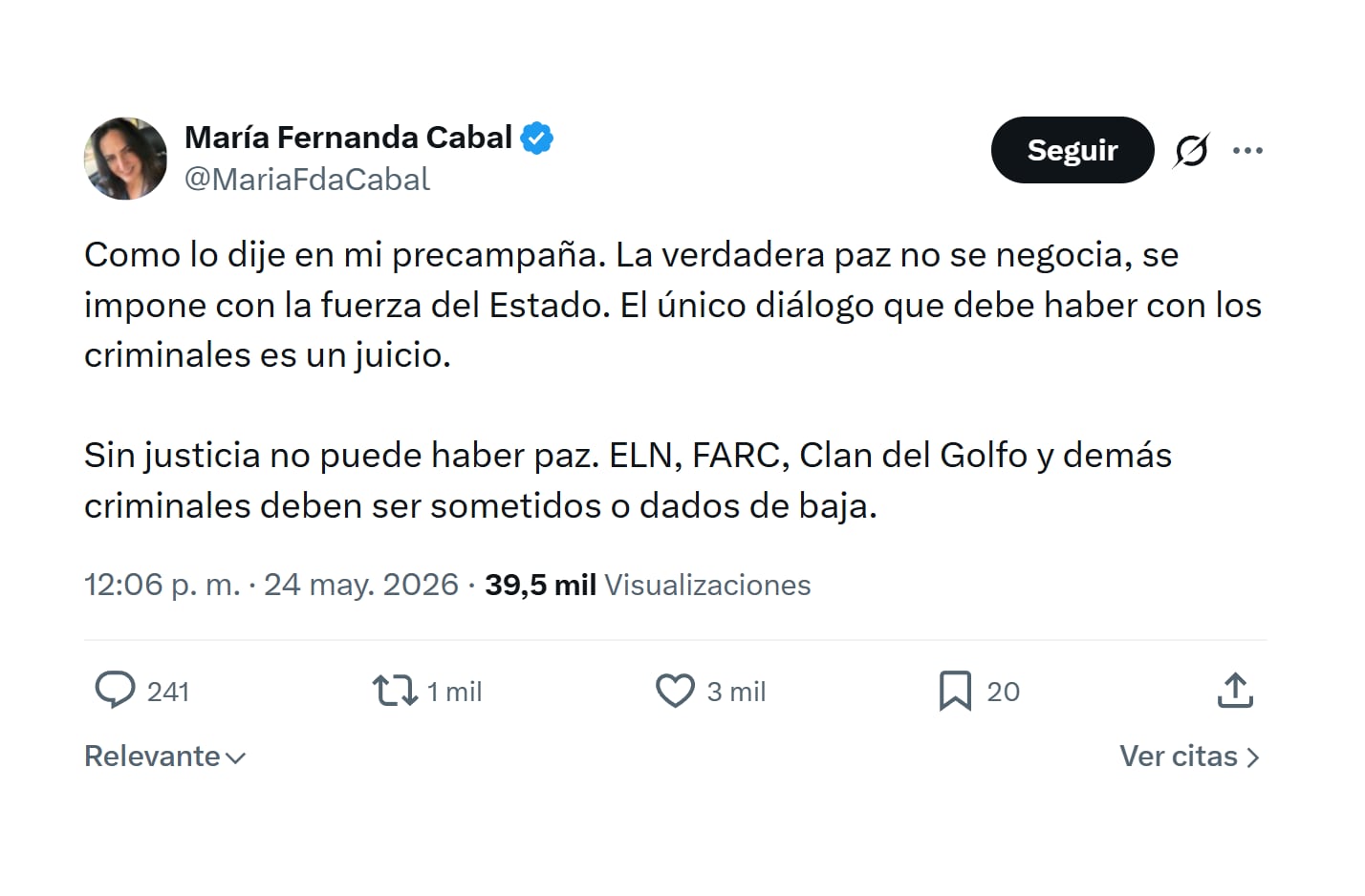 Sin nombrarlo directamente, la senadora María Fernanda Cabal rechazó la idea del expresidente Álvaro Uribe con los grupos armados ilegales - crédito @MariaFdaCabal/X