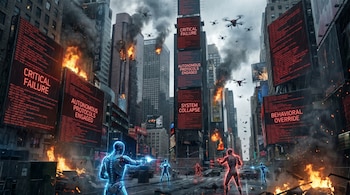 Vista de una ciudad distópica con rascacielos en llamas, numerosos drones volando y figuras humanoides brillantes en un enfrentamiento. Grandes pantallas digitales muestran texto de error en rojo.