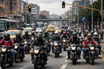 Vista frontal de numerosos motociclistas con casco avanzando en una calle congestionada. Otros vehículos y edificios urbanos son visibles al fondo bajo un cielo nublado.