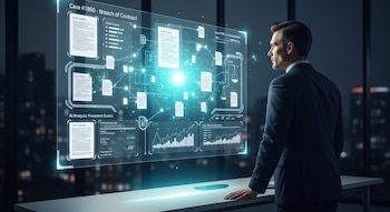 Un hombre de traje frente a una pantalla virtual con documentos legales, diagramas de red, gráficos de barras y escalas de justicia, sobre un paisaje urbano nocturno.