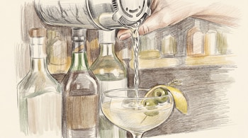 Ilustración de una mano vertiendo líquido de una coctelera a una copa de martini con dos aceitunas en un palillo y cáscara de limón. Botellas al fondo.