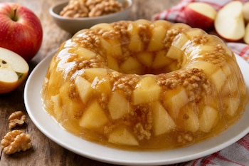 Gelatina moldeada con trozos de manzana y nueces sobre un plato, con manzanas cortadas y nueces alrededor.