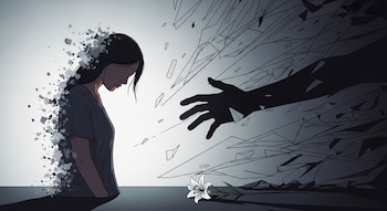 Ilustración de una mujer desintegrándose en partículas a la izquierda, una mano sombría rompiendo un muro a la derecha y un lirio blanco en el suelo.