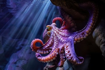 Un pulpo de color morado y rojizo con ventosas visibles en sus tentáculos se encuentra junto a rocas sumergidas bajo haces de luz