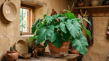 Planta de hojas verdes grandes en maceta de barro sobre mesa de madera, junto a recipientes de cerámica y una pared de adobe.