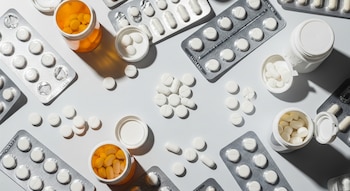Blísteres de tabletas y cápsulas, frascos abiertos con pastillas redondas blancas y amarillas, y píldoras sueltas sobre una mesa blanca.
