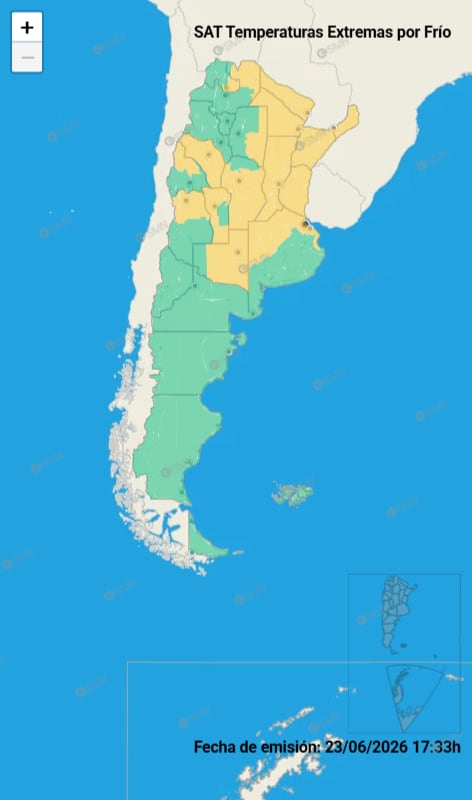 El Servicio Meteorológico Nacional emitió un mapa con zonas de temperaturas extremas por frío en Argentina el 23 de junio de 2026.