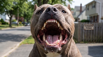 Cabeza de un perro pitbull con la boca abierta y colmillos visibles frente a una calle residencial y un letrero con la frase Cuidado perro.