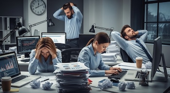 Tres empleados en una oficina con signos de estrés: una mujer con manos en la cabeza, otra tecleando y un hombre reclinado. Mesas llenas de papeles y monitores.