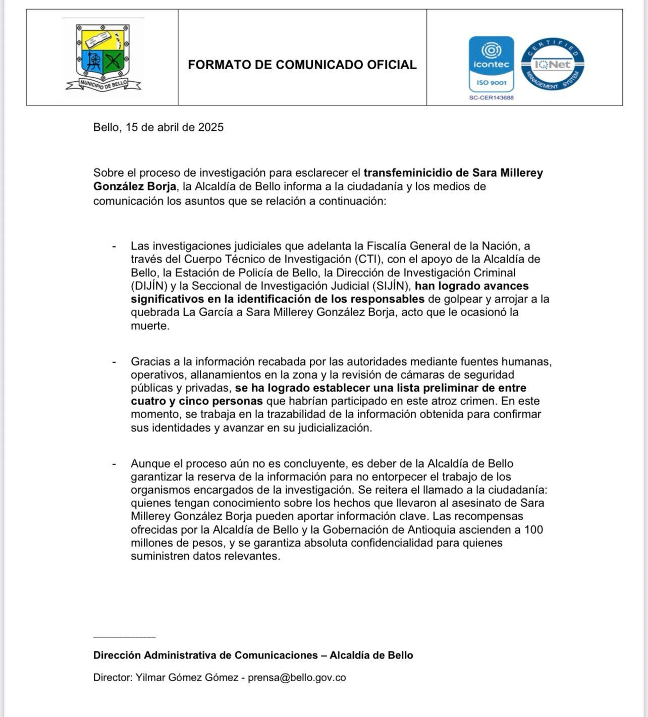 La mujer de 32 años recibió lesiones graves en sus extremidades. Además, fue arrojada a un río, por eso las autoridades ofrecen $100 millones por los responsables - crédito Alcaldía de Bello