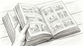 Dibujo en blanco y negro: Mano sosteniendo álbum de fotos abierto con ilustraciones de paisajes y escenas familiares. Otros álbumes apilados debajo.