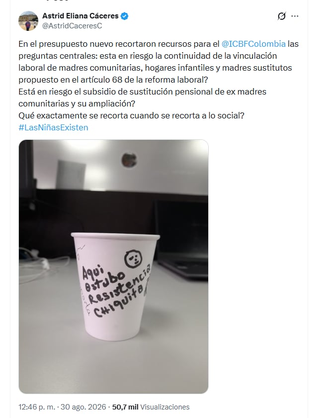 Astrid Cáceres cuestionó el presupuesto del Icbf y preguntó por el posible impacto de los recortes en programas y trabajadores vinculados al bienestar de la infancia - crédito @AstridCaceresC/X