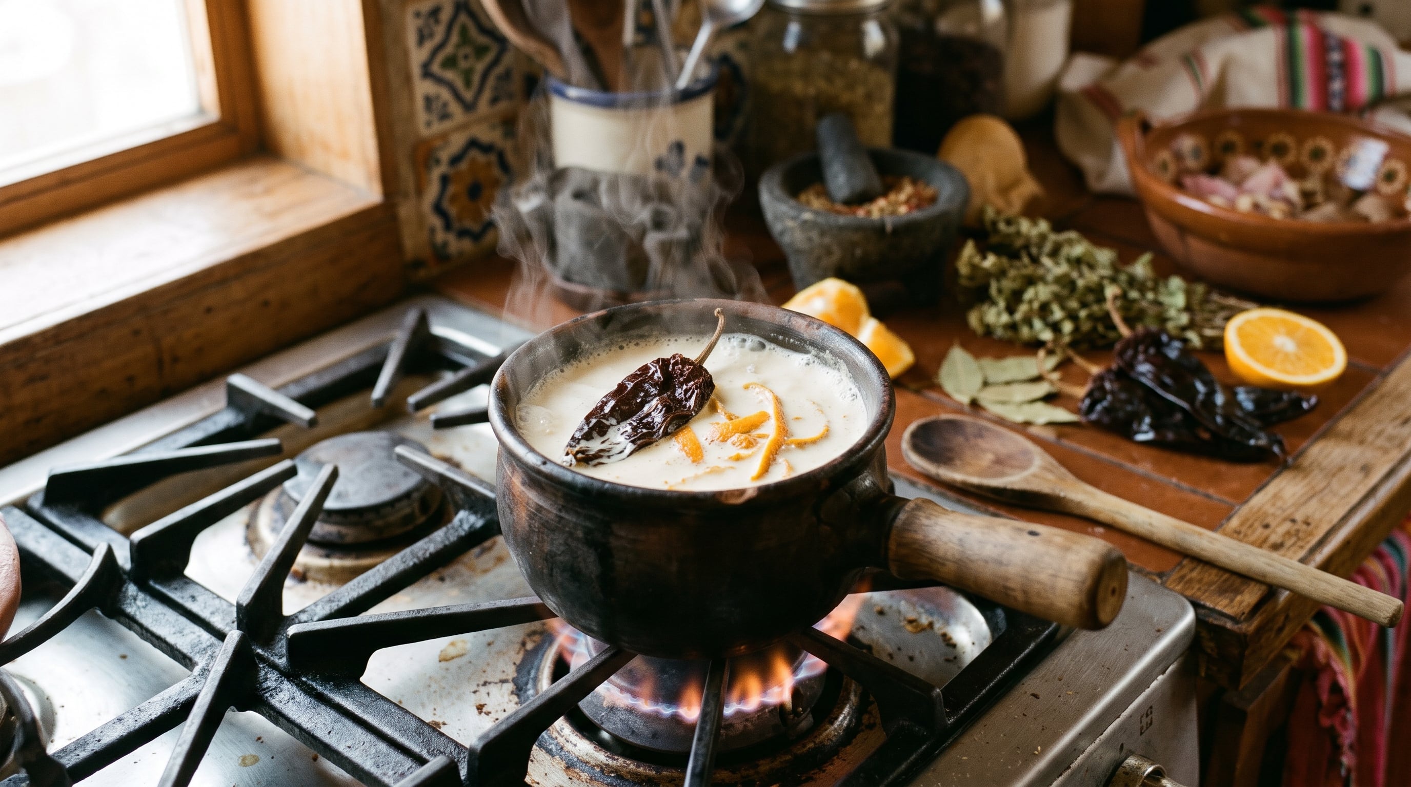 Una cacerola al fuego calienta crema de leche con chile ancho seco y tiras de cáscara de naranja durante la elaboración de una receta tradicional mexicana. (Imagen Ilustrativa Infobae)