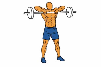 Ilustración de un hombre musculoso realizando el ejercicio de remo al cuello, levantando una barra con discos hasta la altura de los hombros.