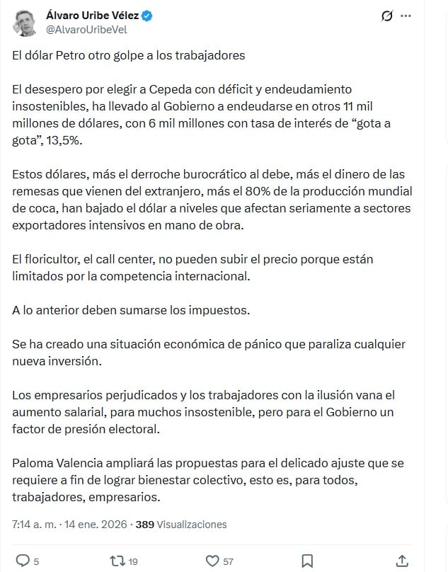 El expresidente se refirió al plan de financiamiento del Gobierno Petro para Colombia en 2026 - crédito @AlavaroUribeVel/X