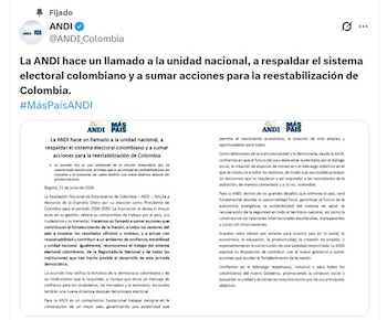 La Andi hizo un llamado a la unidad nacional - crédito @Andi_Colombia/X