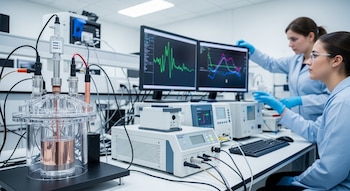 Dos científicas en un laboratorio con batas y guantes azules observan un reactor transparente con un electrodo de cobre conectado a instrumentos y monitores con gráficos.
