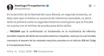 El abogado Santiago Trespalacios informó la decisión que tomó un juzgado en segunda instancia indica que la Fiscalía no cuenta con el mínimo de prueba para señalar a Blessd y a los demás implicados del delito de secuestro extorsivo agravado - crédito @SoyDefensor/X