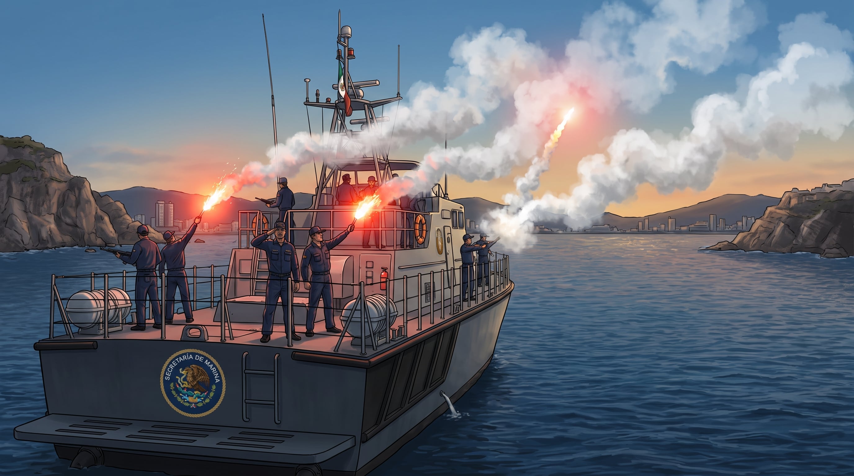 Personal naval de la Secretaría de Marina realiza ejercicios con bengalas desde un buque patrulla en la Bahía de Acapulco. (Imagen Ilustrativa Infobae)