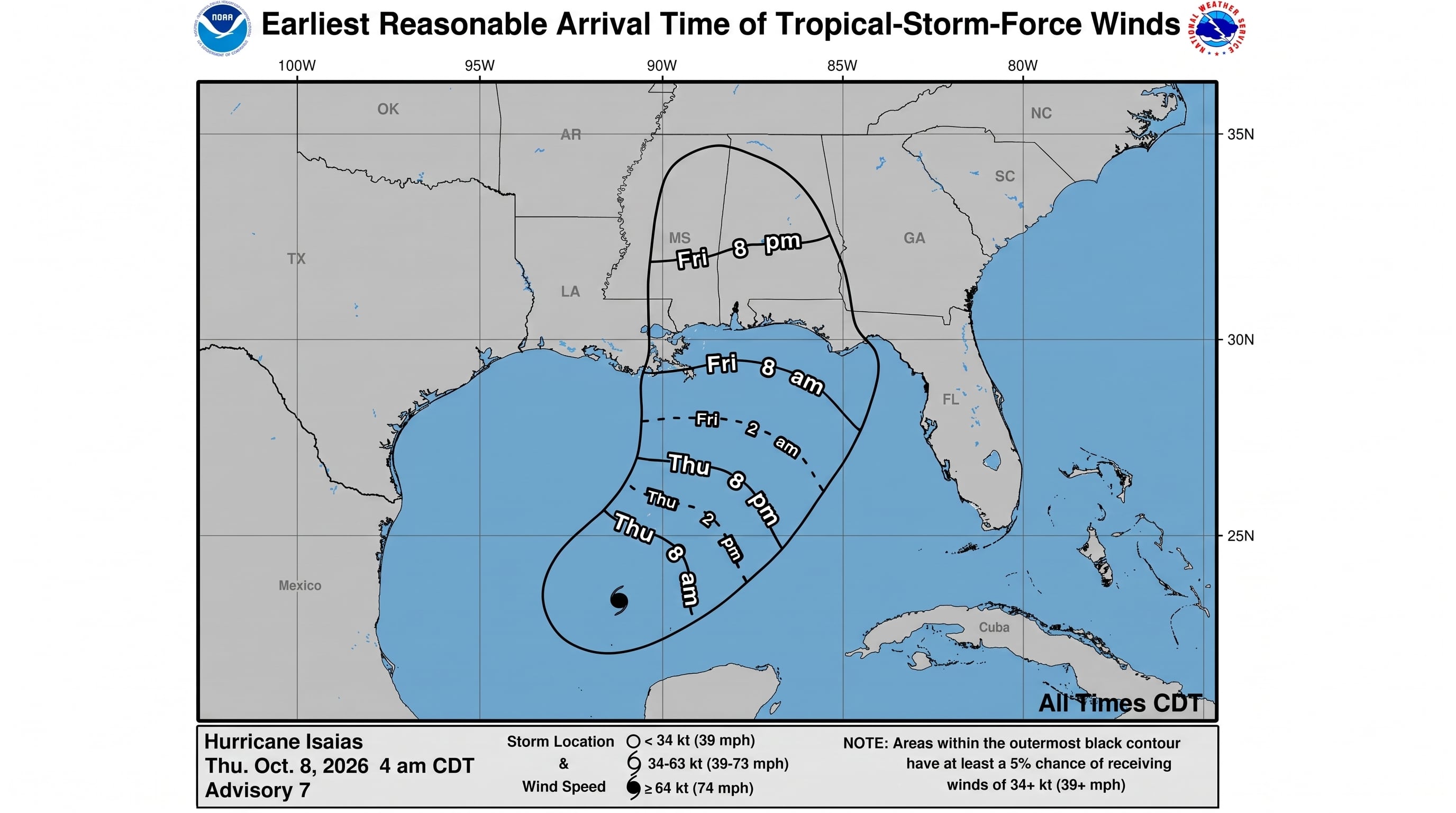 Los vientos con fuerza de huracán de Isaias se extienden hasta 30 kilómetros desde el centro del sistema. (NHC)