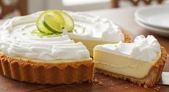 Un Key lime pie con una porción retirada, mostrando una base de galleta, relleno verde claro, y crema batida. Está decorado con rodajas y ralladura de lima.