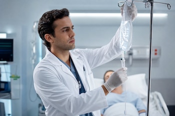 Médico con bata blanca y guantes ajusta una bolsa de suero en un soporte metálico junto a un paciente acostado en una cama de hospital.