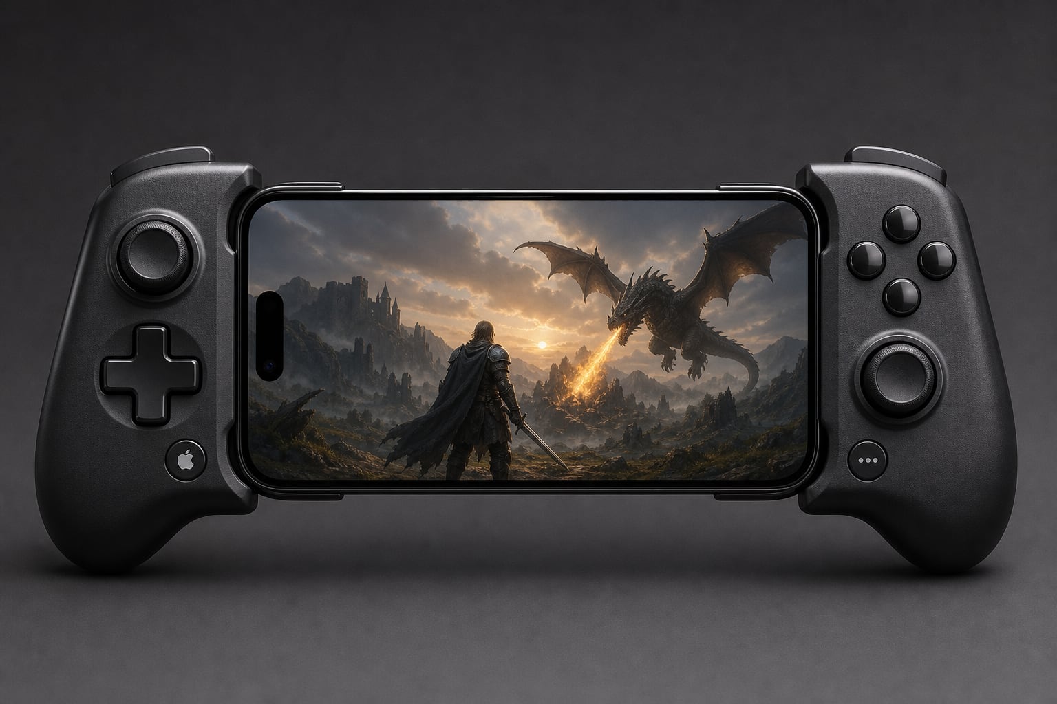 Un mando de videojuegos de color negro acoplado a un iPhone integra controles físicos y presenta un juego de fantasía en su pantalla. (Imagen Ilustrativa Infobae)