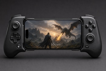 Mando de control negro acoplado a un teléfono inteligente con un juego de fantasía con un dragón en la pantalla.