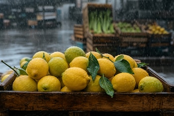 Varias frutas de limón amarillo y verde con gotas de lluvia en una caja de madera.