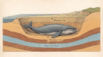 Corte transversal de una ballena dentro de una fosa con medidas de un metro respecto a la superficie y a una capa rotulada como napa freática.
