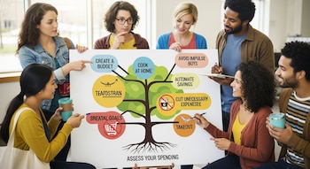Un grupo diverso de seis jóvenes rodea un gran póster blanco con un diagrama de árbol que muestra consejos para ahorrar y gestionar gastos.