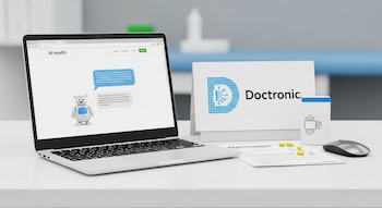 Computadora portátil con chatbot de inteligencia artificial, logo Doctronic, receta médica electrónica, caja de medicamentos y píldoras sobre una mesa.